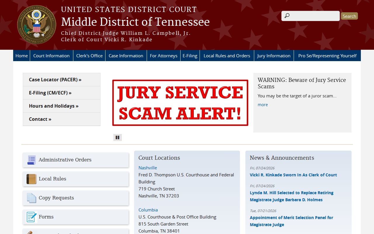 Middle District of Tennessee federal arrest case route for Putnam County