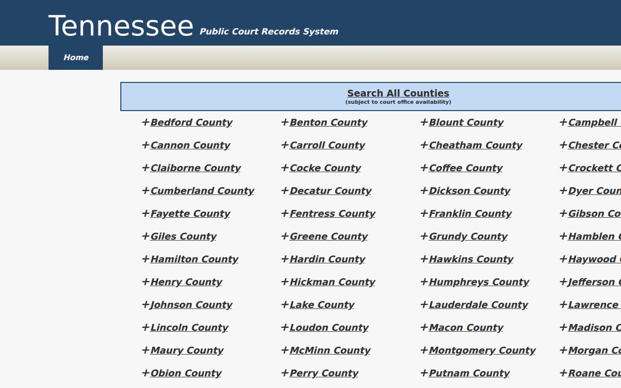 Tennessee public court records interface used for Putnam County case research