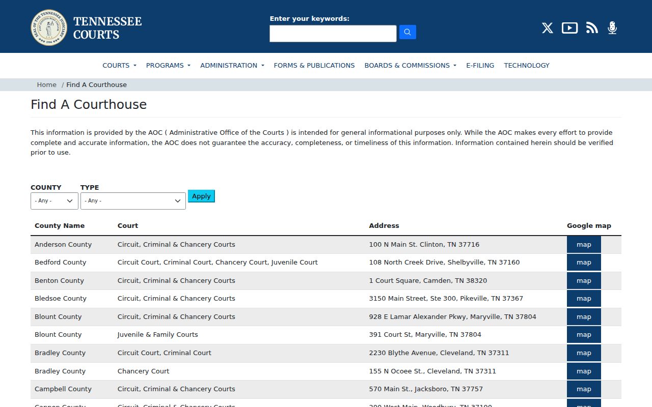Tennessee courthouse directory for Putnam County criminal court cases