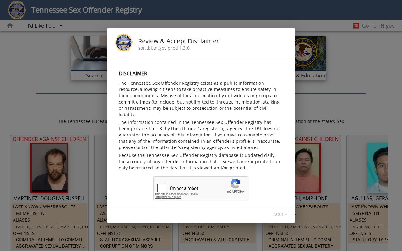 Putnam County sex offender registry search screen for Tennessee