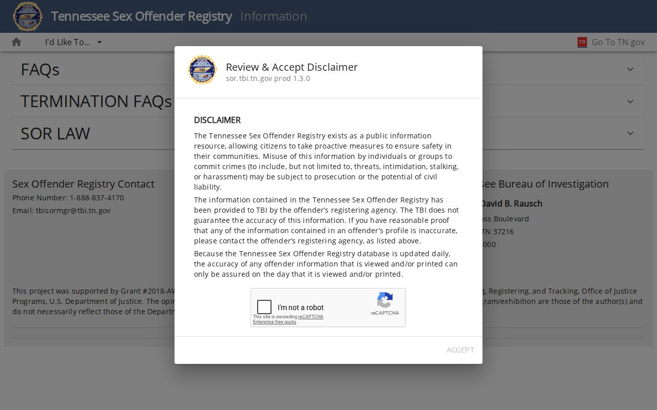 Putnam County sex offender check information from the Tennessee Bureau of Investigation