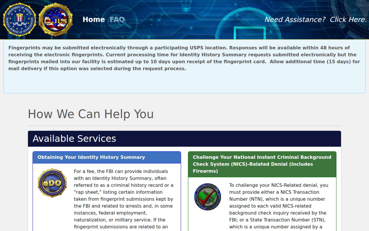 Putnam County criminal history FBI self-record ordering portal